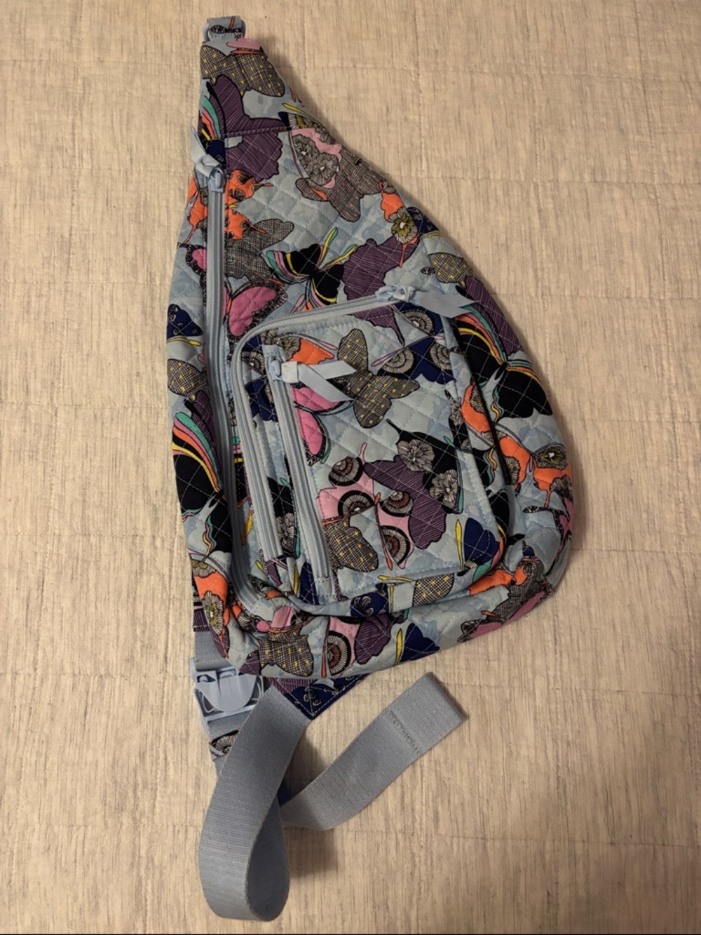 Vera Bradley Light Blue Quilted Sling Backpack with Multicolor Butterfly Print